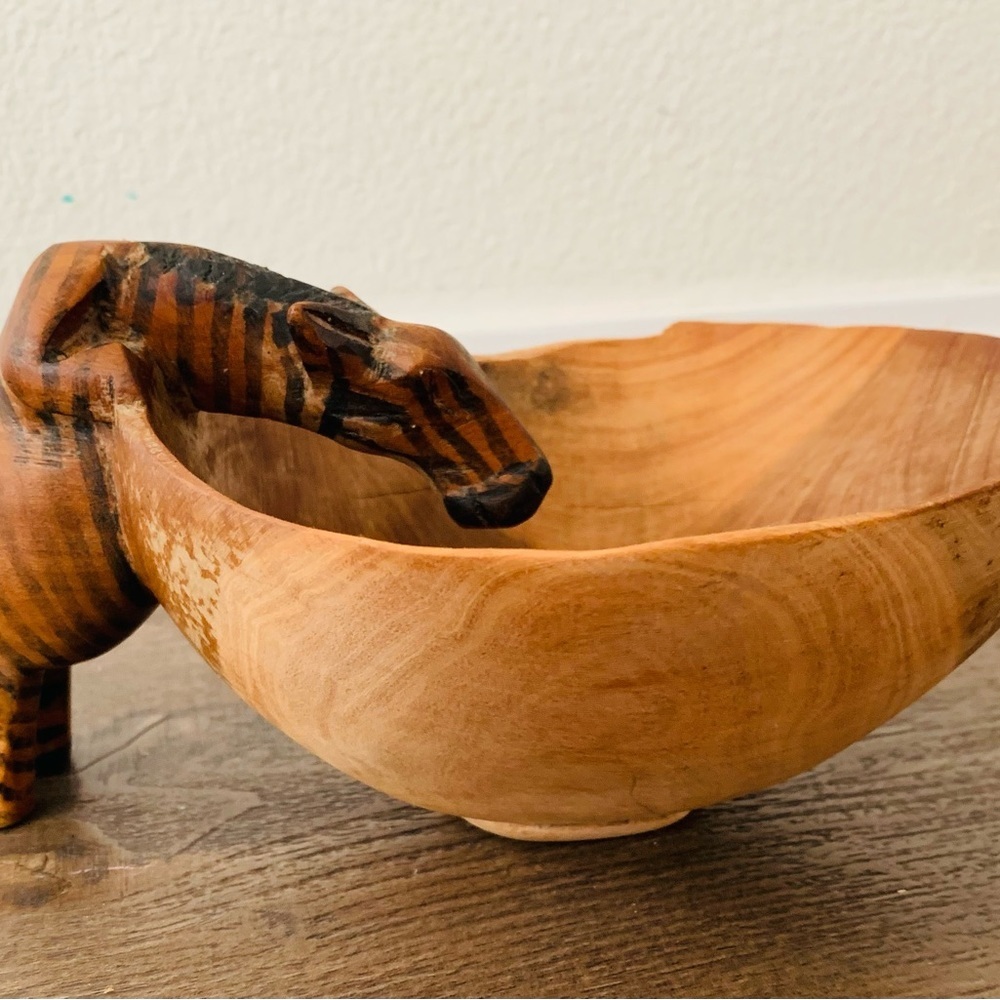 Handcrafted Wooden Bowl. Zebra On The Rim Drinking Kenya
